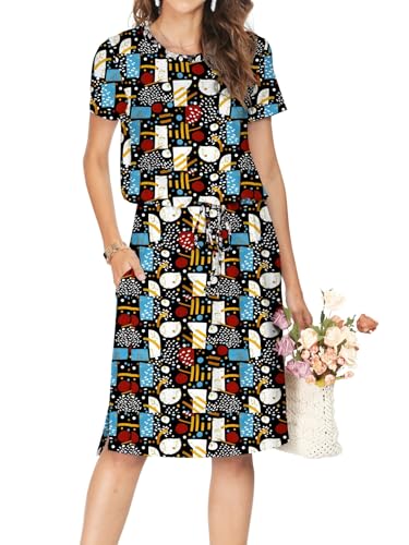 Image of Simier Fariry Womens Summer Hide Belly Knee Length Travel Dress Pocket Short Sleeve Midi Work Casual Outfits