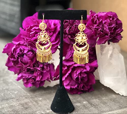 Folklorico Dance Mexican Gold Filigree Earrings, Small Flower Dangle, Day of the Dead, Mexican Earrings2