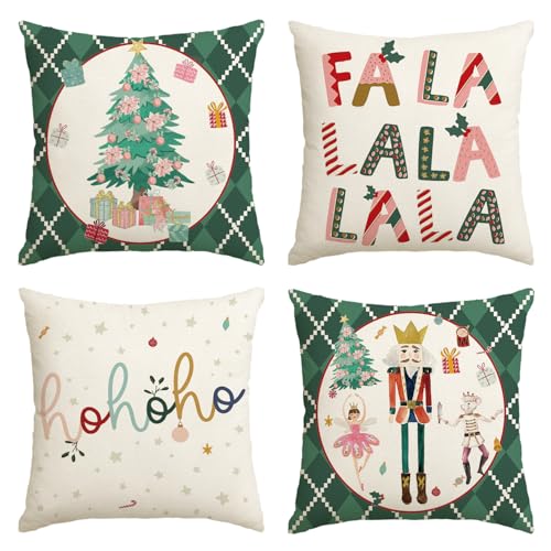 AVOIN colorlife Merry Christmas Nutcracker Green Throw Pillow Covers, 18 x 18 Inch Winter Holiday Party Cushion Case Decoration for Sofa Couch Set of 4