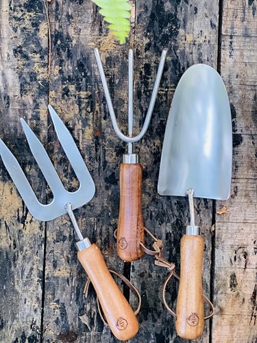 Yellow Brick Farm 3Pcs Gardening Tool Set (Trowel + Fork + Rake) with Wooden Handles and Stainless-Steel Head