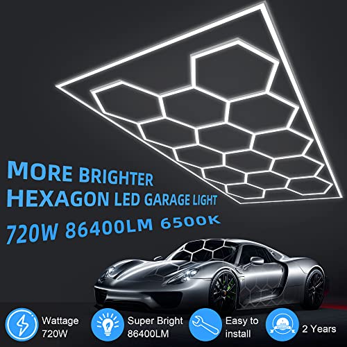 Image of MODERN Hexagon Garage Light: Higher Brightness 720W 86400 Lumens Hexagon Led Garage Light with Rectangle Frame 6500K for Garage, Basement, Warehouse, Auto Beauty Shop, Car Detailing Shop etc.
