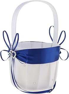 Elegant Flower Girls Basket Rhinestone Double Heart Satin Flowers Basket Wedding Ceremony Party Decor - Royal Blue, as described