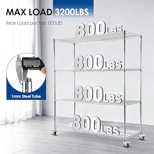 Rengue 60" W Storage Shelves with Wheels 4-Tier Heavy Duty Wire Shelving 72" H x 24" D Large Metal Storage Rack with Adjustable Garage & Pantry Shelves, 3200 LBS Commercial Grade, Chrome, Silver by Rengue - Image 5