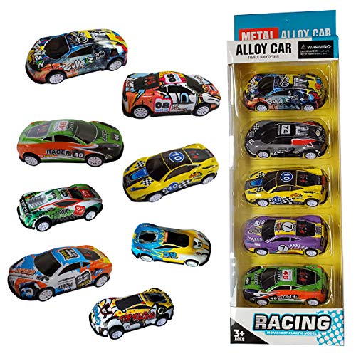 Himeeu Set of 8 Die-cast Racing Cars Pull Back Race Car Vehicles ,3.3 Inch 2.7 Inch Metal Friction Powered Car Toys for Toddlers Birthday Gift
