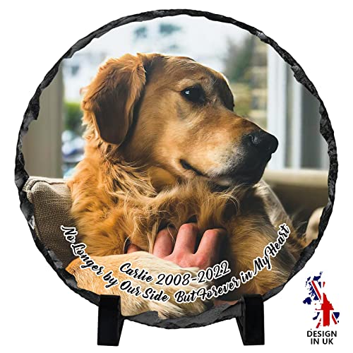 iDIY Marco de fotos personalizado para mascotas, placa de pizarra de roca personalizada, regalos conmemorativos para la pérdida de perros y gatos en memoria amorosa, marco redondo de 19 x 19 cm Cover