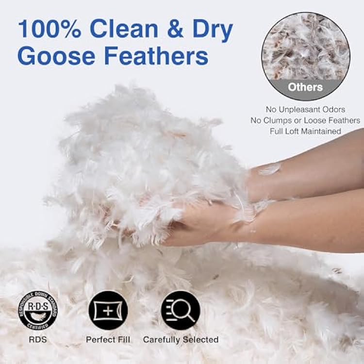 Feather Pillows Queen Size Set of 2 - Goose Down Hotel Bed Pillow for Sleeping, Soft 600 Thread Count Cotton Cover, Fluffy Support Surround Fill Polyester for Side, Back and Stomach Sleepers
