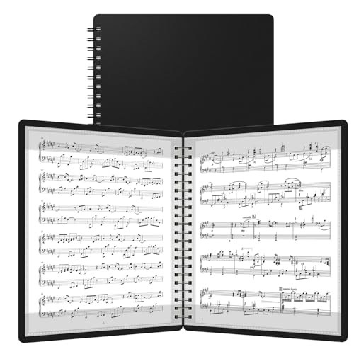 HOUYEE 1 Pack Sheet Music Folder Spiral Binder Organizer for Music Stand 40 Plastic Sleeves Display 80 Pages Fits Letter Size 8.5 x 11 Inch Piano Sheet Music Holder For Choral Band Orchestra (Black)