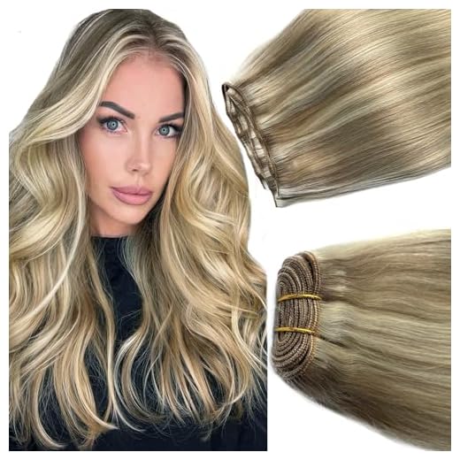 Sew in Hair Extensions Real Human Hair, 18 Inch 100G Weft Hair Extensions Human Hair, Balayage Ash Blonde to Blonde Highlights Hand Tied Weft Hair Extensions Human Hair Bundles Sew in Weft Extensions