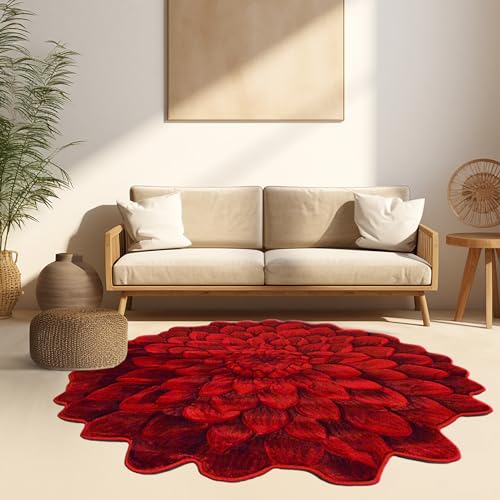 Flower Rug 5ft Round Area Rugs Cute Plush Flower Shaped Rug Circle Girly for Bedroom Floor Living Room Carpet 303 Red