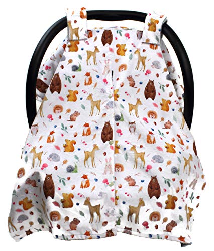 Image of Dear Baby Gear - Baby Car Seat Canopy - Infant Car Seats Covers - Carseat Canopies for Boys & Girls - Toddler Carseat Cover w /Snap Opening (Dainty Forest Animals Nuts and Berries, Light Gray 40 inchx30 inch)