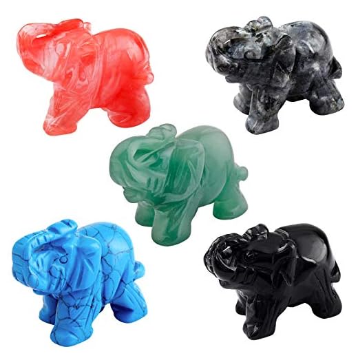 SUNYIK Labradorita - Figura decorativa de cuarzo cerezo verde aventurina obsidiana azul howlita turquesa elefante bolsillo cocina guardián curativa decoración 1.5 pulgadas paquete de 5