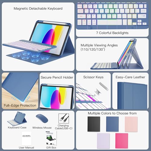 Image of RAYMCRAFT for iPad 11th (A16, 2025) / 10th Generation Case with Keyboard, Mouse and Detachable Wireless Keyboard, 7-Color Backlight, Slim Case with Pencil Holder, Steel Blue