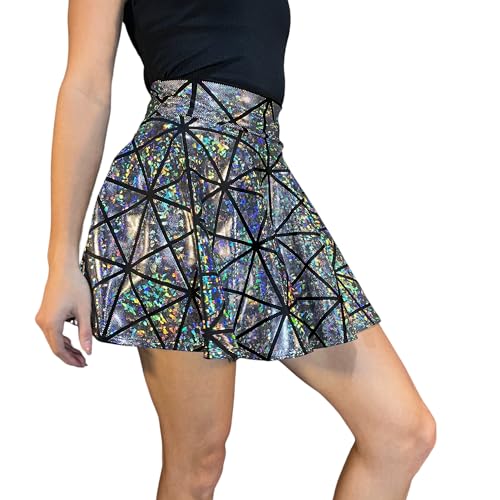 Peridot Clothing Holographic Silver Glass Pane Skater Skirt | Geometric Sparkly Mini Skirt4