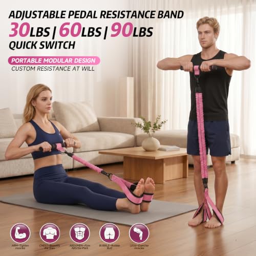Image of Upgraded Pedal Resistance Band with Handle, Adjustable Exercise Bands for Home Workout, Portable Fitness Equipment for Abs, Arms, Legs & Full Body Training - Pink