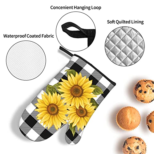 Sunflower Black White Buffalo Plaid Oven Mitts And Pot Holders Sets 3Pcs Kitchen Mitts Polyester Oven Gloves Heat Resistant Yellow Floral Lumberjack Check Oven Mitts Sets For Kitchen Grilling #TOP4