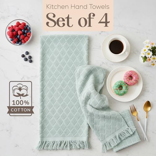 Image of Kitchen Towels, Set of 4 Hand Towels, Blue Diamond Pattern Drying Towels 18 x 28 Super Absorbent Cotton Hand Cloths with Fringed Edges, Everyday Essentials Kitchen Linens