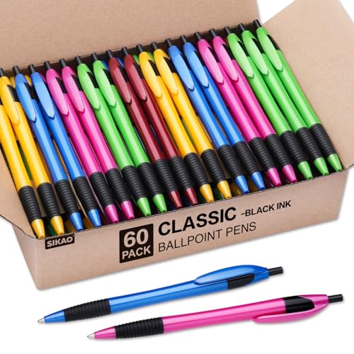 Sikao Gripped Slimster Bolígrafos Retráctiles, Bolígrafo,Tinta Negra, Punta media (1.0 mm), Bolígrafos de escritura suave, ofertas de material escolar, Pens (Caja de 60 bolis)