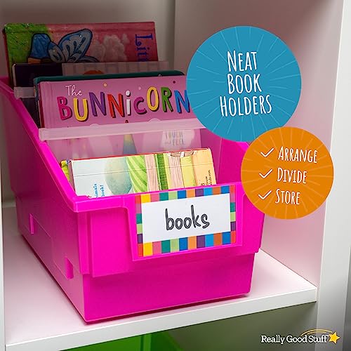 Image of Really Good Stuff Chapter Book Classroom Library Bins with Dividers -4 Pack | 8.75 inch x 13.5 inch x 7.75 inch, Neon, Large Plastic Bin Organizers for Book Organization, Documents, Files, Magazines