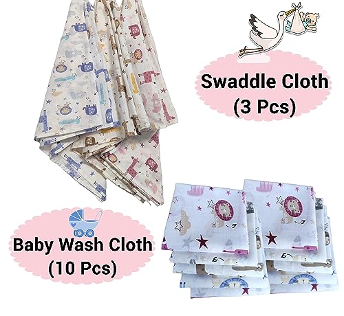 Image of Trance Home Linen Super Soft 100% Cotton Baby Swaddle + Face Towels /Wash Cloth (3 Pcs Animals Print Swaddle + 10 Pcs Animals Print Wash Cloths)
