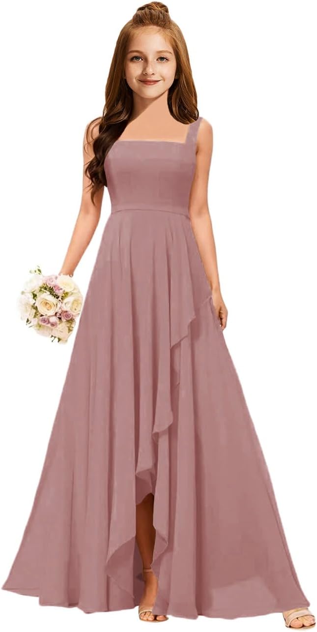 MRHUSH Junior Bridesmaid Dresses Chiffon Square Neck Flower Girl Dress Ruffle Prom Dresses for Teens Slit Girls Formal Gown
