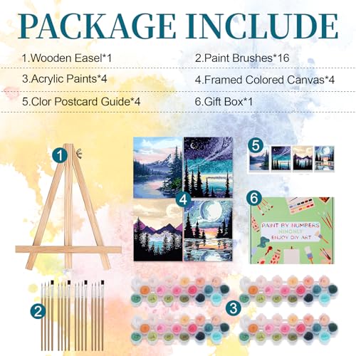 Ninonly 4 Pack Paint by Numbers Kit for Adults Framed Canvas, Art Supplies for Adults Beginners with Easel, Brushes, Acrylic Paint Set for Christmas Gift & Decor, 9 * 12 Inch - Thumbnail 2