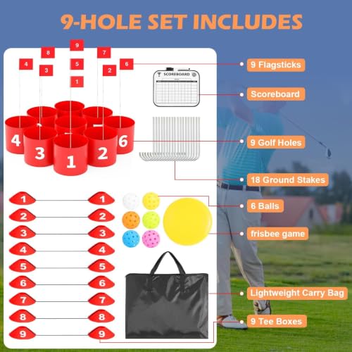 FOOING Golf Game, 9 Hole Yard Game for Adults Outdoor/Indoor, Durable Plastic Battle Backyard Golf Set with Balls, Flags & Frisbee – for Lawn, Beach, Camping, Park (Red, Large, No Clubs) - Image 7