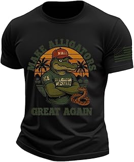 Men's Retro Alligator Alcatraz Funny Florida Everglades Dark Humor Short Sleeve Crew Neck America Flag Tee