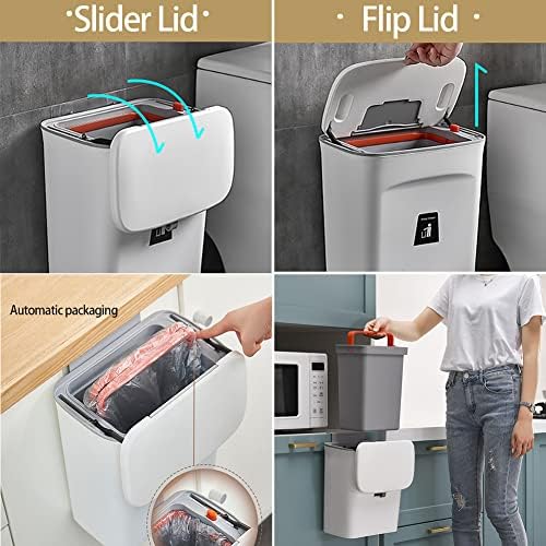 Kitchen Compost Bin with Lid 9 Liter Hanging Small Trash Bin for Cupboard or Under Sink, Plastic Wall Mounted Garbage Can Wastebasket with Inner Barrel for Cabinet Door (White)