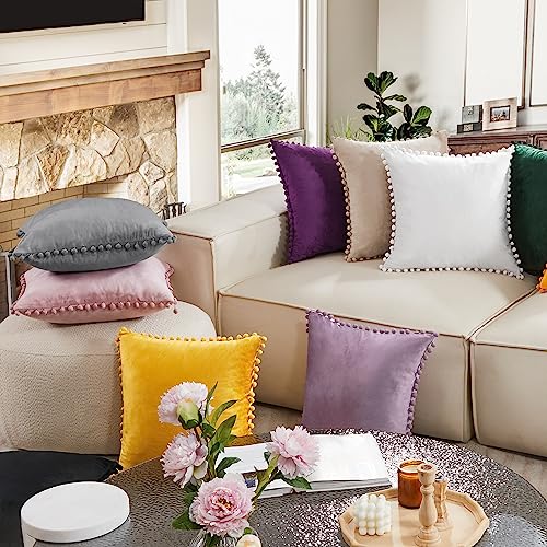 Deconovo Velvet Throw Pillow Covers, Set Of 2, 18” X 18” Light Lilac, Decorative Soft Farmhouse Square Pom-Poms Case For Sofa Bedroom #TOP2