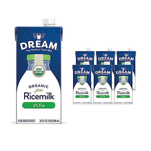 Dream Organic 2% Fat Rice Milk, Vegan Dairy Alternative, Lactose-Free, Shelf Stable, Original, 32oz (Pack of 6)