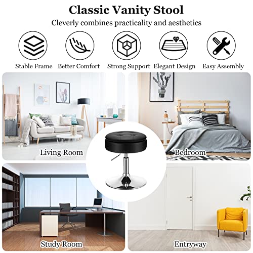 Giantex Adjustable Swivel Vanity Stool - 360° Swivel 20’’-26’’ Height Adjustable Tufted Round Storage Ottoman, Leather Foot Rest Ottoman Chair For Living Room Bedroom, Black #TOP7