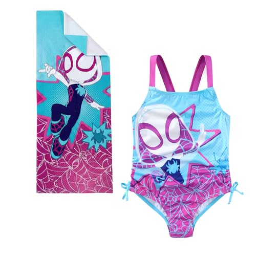 Marvel Spider-Gwen Ghost Spider Girls One Piece Swimsuit Bathing Suit with Pool Beach Towel 20 x 50 Set for Toddler Big Kids Blue