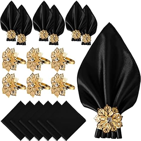 CROWN GUIDE 12 Pack Gold Napkin Rings and Cloth Napkins Set of 6, 17x17 Satin Cocktail Napkins Bulk Table Napkins Holder for Wedding Reception Personalized Napkins Bridal Shower for Party Decorative Cover