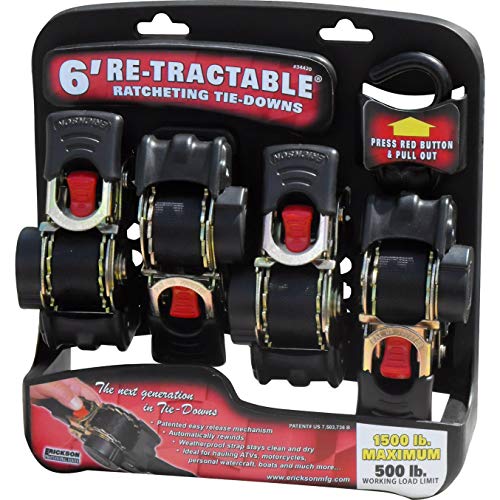 Erickson 34420 Pro Series Black 1" X 6' Retractable Ratcheting Tie-Down Strap, 4 Pack (1500 Lb Load Capacity) #TOP1