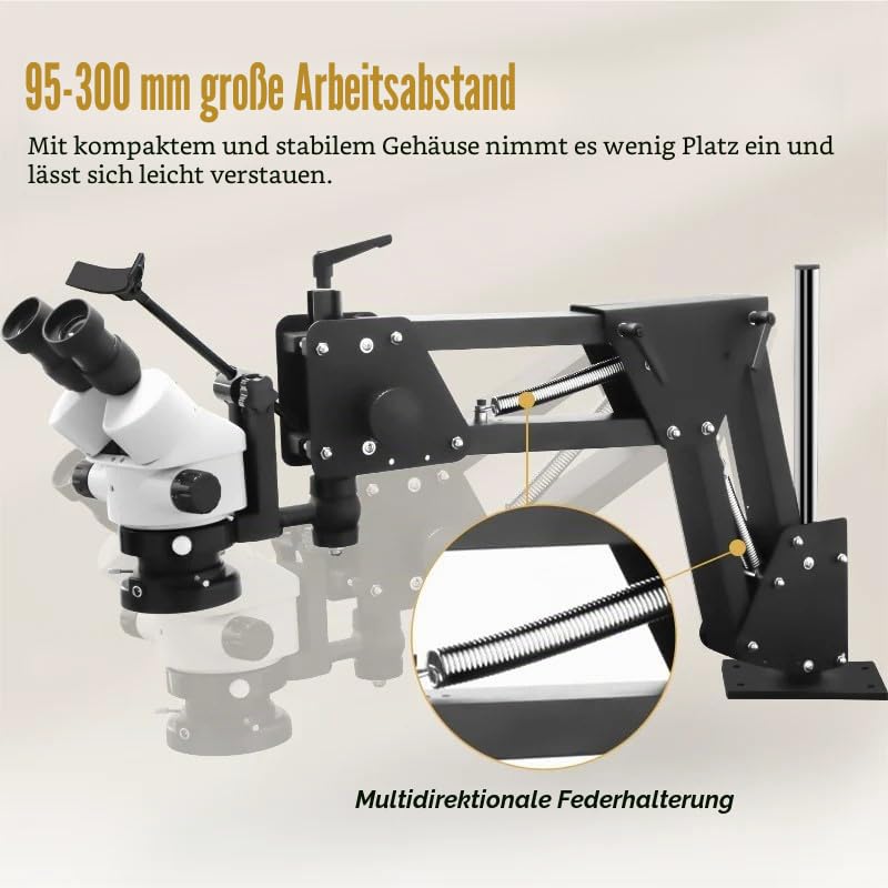 Professionelles Schmuckmikroskop mit Federarm und Universalhalterung, 7–45X kontinuierlicher Zoom, großaperturiges Kupferobjektiv, 95–300 mm Arbeitsabstand, Weitwinkel-Stereo-Mikroskop