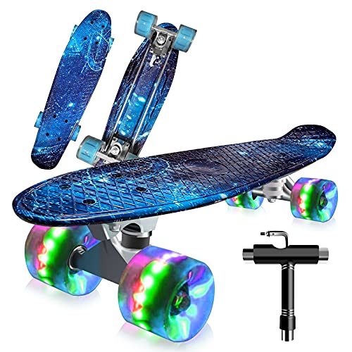 22' Skateboard Planche à roulettes avec LED Light Up Roues, Table en Plastique Renforcé, Mini Cruiser Roulement ABEC-7, pour Fille Garçon Débutant (Miti-Blue)