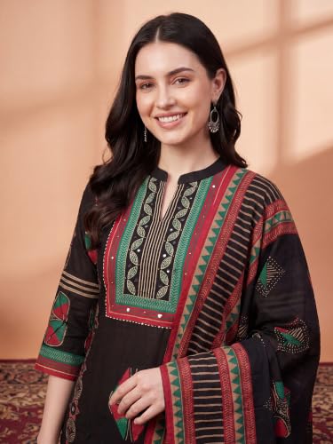 Image of INDO ERA Women's Pure Cotton Abstract Printed Mirror Work Kurta & Pant with Dupatta Set (IEAI13205)|Cotton Suits For Women With Dupatta