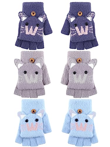 Geyoga 3 Pairs Kids Fingerless Gloves Convertible Flip Top Gloves Winter Warm Half Finger Mitten for Kids Boy Girl 5-10 Years(Purple, Sky Blue, Gray Mouse) - Main Image