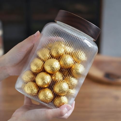 Barattolo decorativo in vetro borosilicato con coperchio ermetico in legno a vite, 1950 ml, resistente alle perdite, contenitore a bocca larga per cereali, caffè, tè, biscotti, caramelle, cialde di