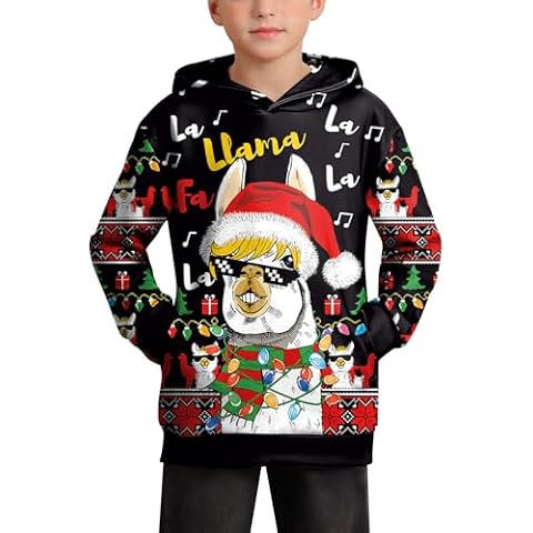 IIMMER Christmas Boys Girls Ugly Alpaca Hooded Funny Sweatshirt Xmas Long Sleeve Hooded Shirt Black 10 Years Cover