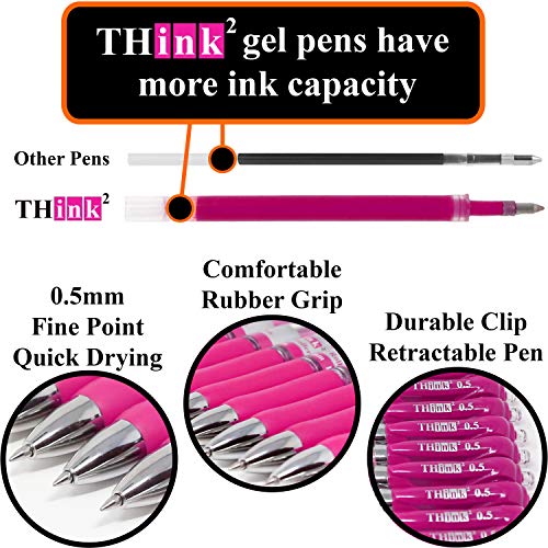 Image of [24 Pens - Pink Ink] Think2 Retractable Gel Pens. (24 Pink) Fine Point (0.5mm) Rollerball Pens with Comfort Grip.