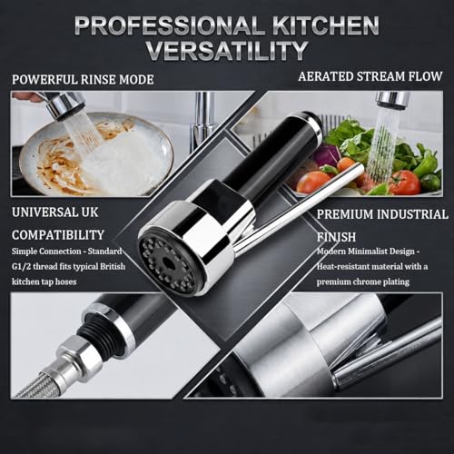 Handbrause für Küche, ausziehbar, Universal, Sprühkopf für Auslauf, Herd, moderner Mischbatterie, Badezimmer, Spritzschutz mit Wasserstop, verchromt, G1/2 Zoll