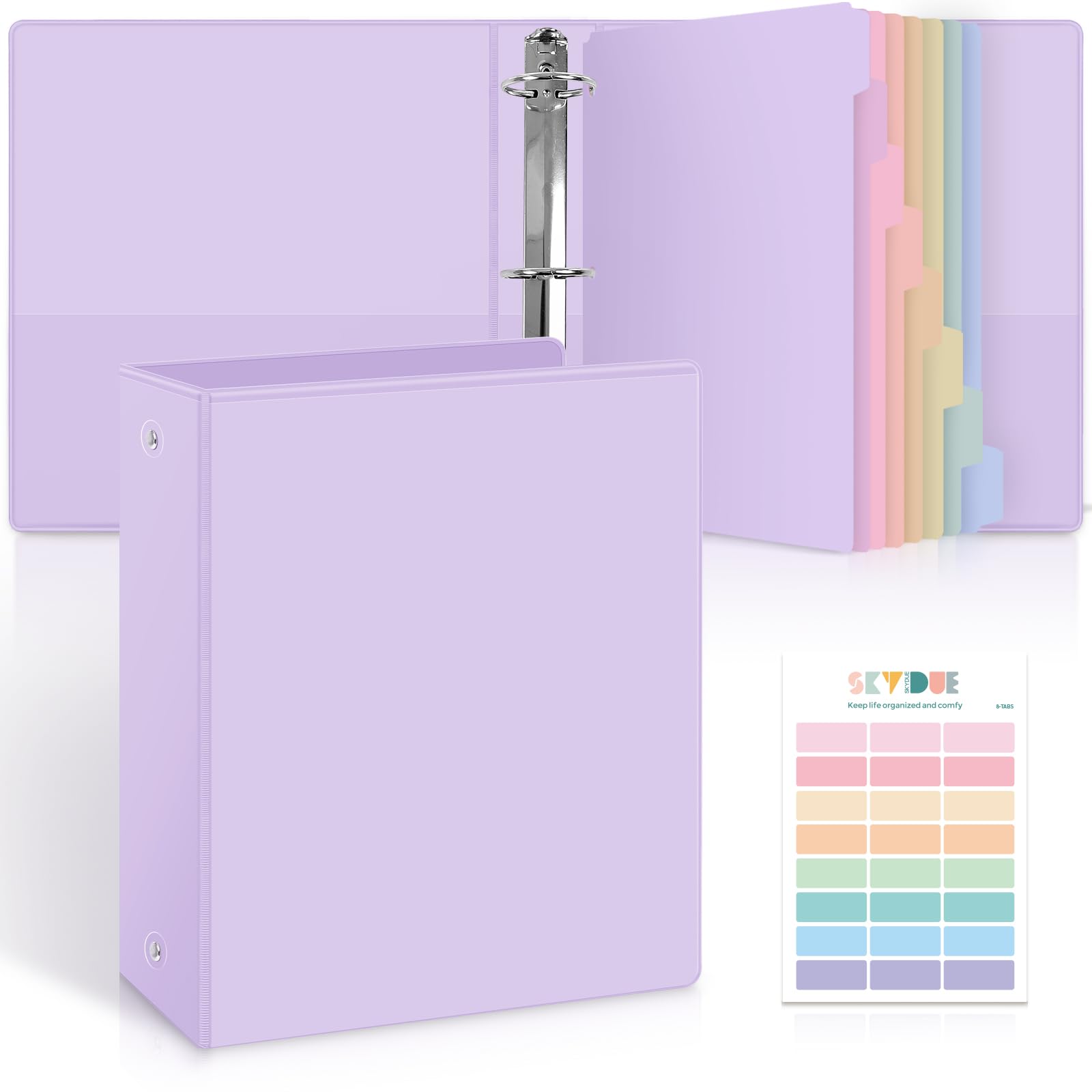 SKYDUE Raccoglitore a 3 anelli da 5 cm, con 8 divisori e 24 etichette, grande capacità, organizer per carta formato lettera, raccoglitore estetico scolastico per documenti, organizzazione di ufficio e