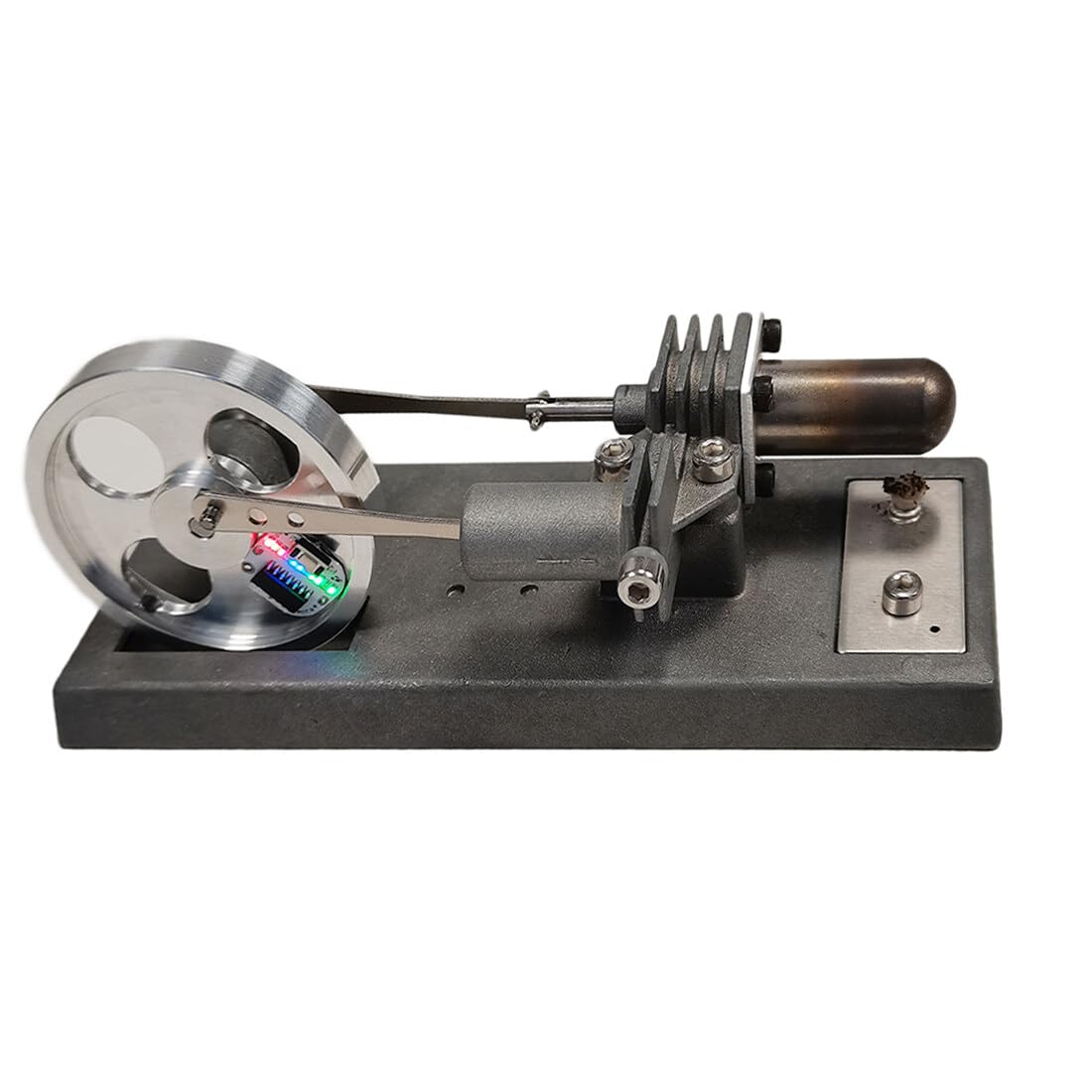 Kit motore Stirling con volano luminoso, 12 × 6 × 6 cm | Il volano luminoso completa il meccanismo autoassemblato con un effetto luminoso visibile.
