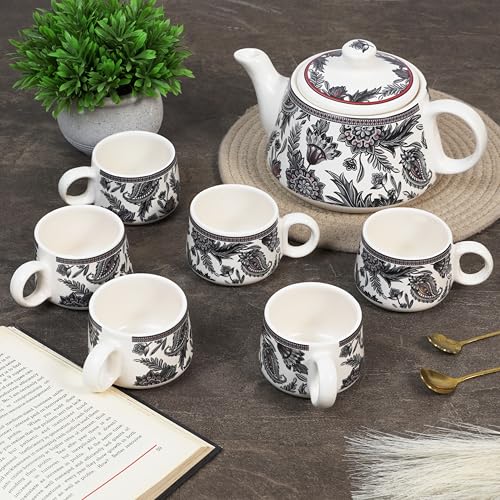 Image of CRAF10 Handcrafted Ceramic Stylo Black Teapot Cup Set - 1 Kettle (1 Litre) & 6 Cups (160 ML), Microwave & Dishwasher Safe | Morning Set | Tea Sets with Kettle for Gifting