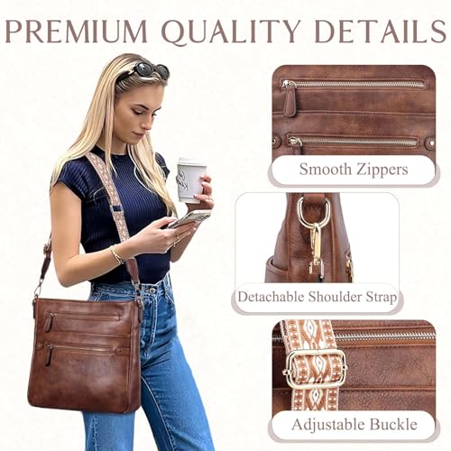 VASCHY Crossbody Bag Purse for Women, Fashion Vegan Leather Medium Multi-pocket Cross Body Messenger Bag Handbag Guitar Strap4