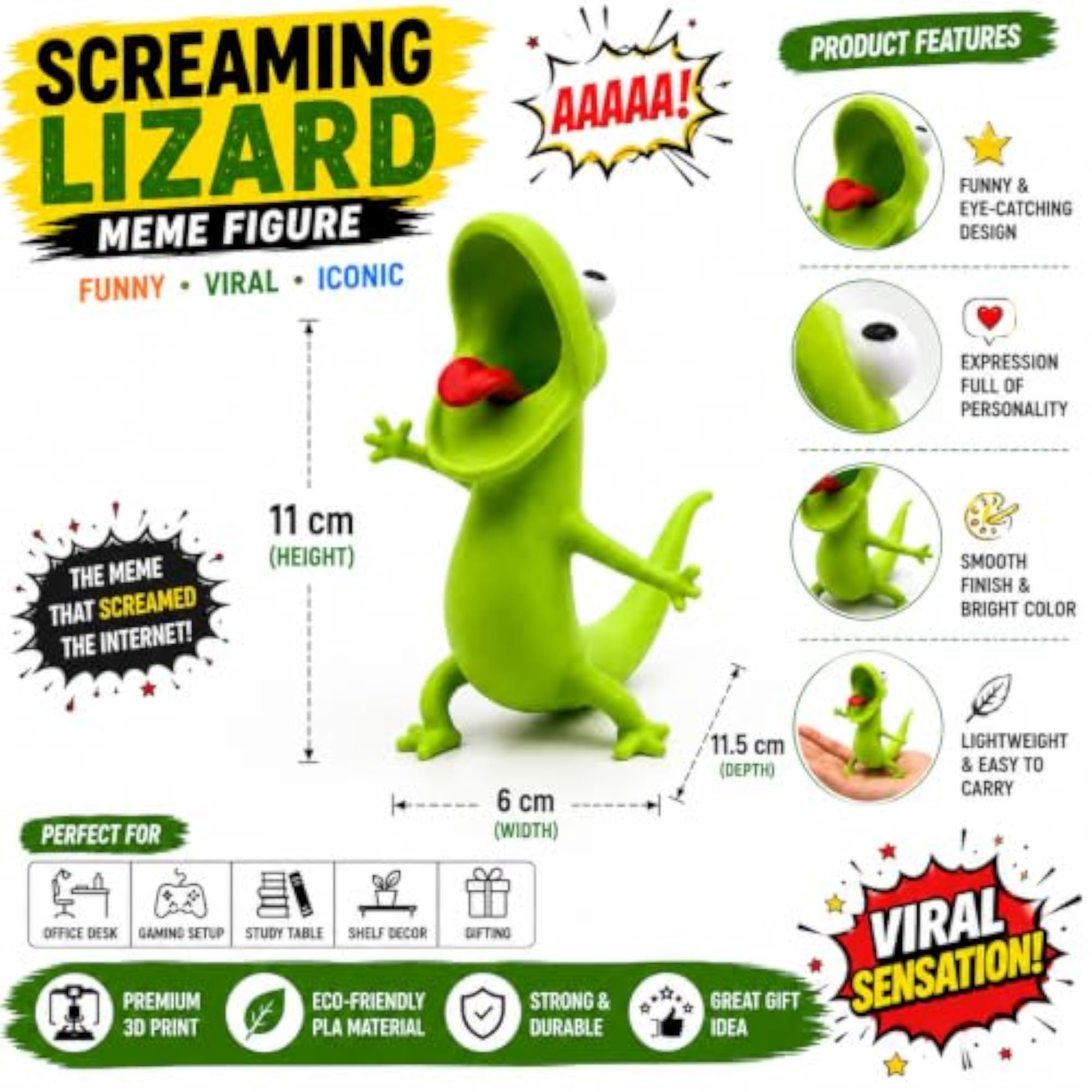 Screaming Lizard Meme Figure, 3D Printed Desk Decor