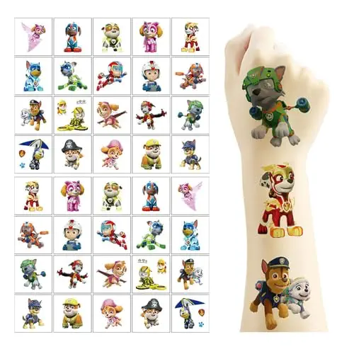 40pcs PAW_Patrol Temporary Tattoos for Kids,Waterproof Tattoo Stickers,Anime Cartoon Tattoos for Boys Girls Party,Cartoon Theme Party Decoration