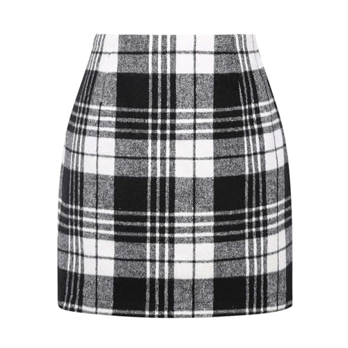 Falda lápiz de talle alto con estampado de cuadros para mujer Minifalda ajustada de lana Falda de punto corta, Blanco, XXL