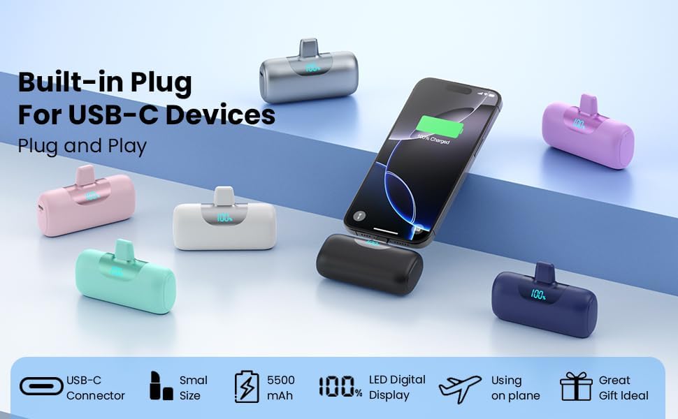 Miniatura 8 de FOCHEW Mini cargador portátil USB C, batería mejorada de carga rápida PD de 5500 mAh, conector USB-C integrado, pantalla LCD, compatible con iPhone